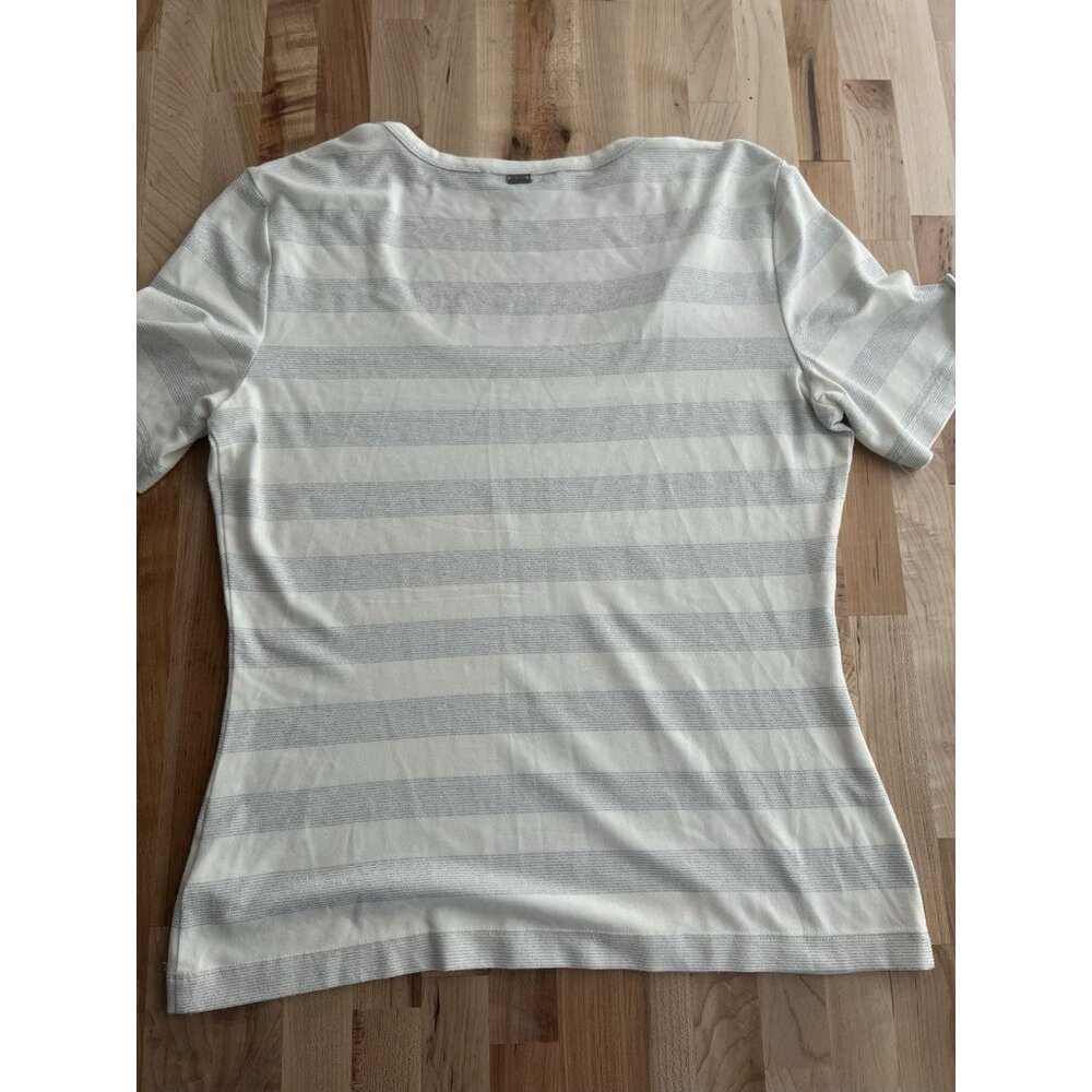 St John Women's Short Sleeve Stretch Knit Top Ivory Metallic Silver Stripe M - Picture 6 of 8